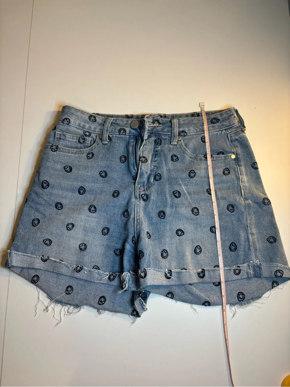 bp Light Blue Denim Shorts with Black Smiley Print